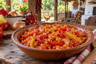 Lecsós tarhonya, ahogyan nagyanyáink falun készítették, pirítva és lassan párolva lesz az igazi