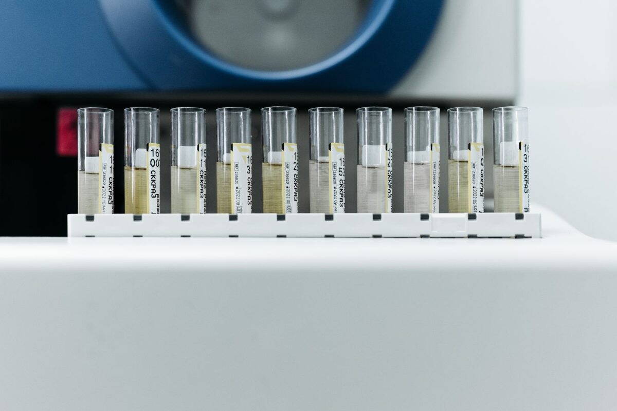 Feliratozott kémcsövek egy laboratóriumban